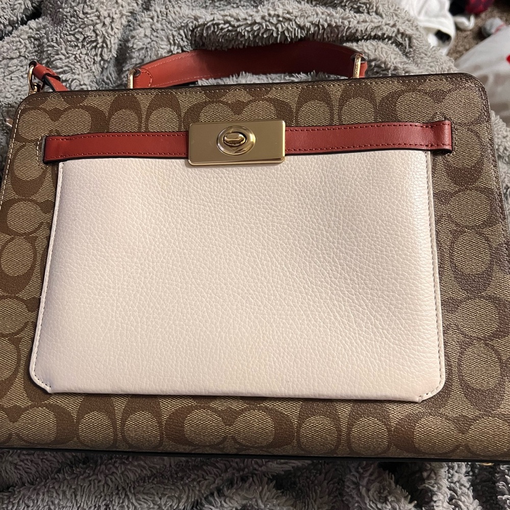 Coach Brown and Cream Satchel with Red Accent